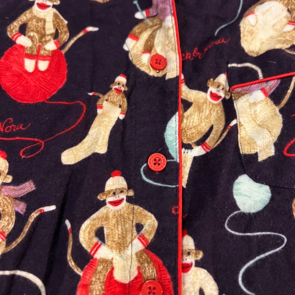 Nick & Nora Women’s Navy Novelty Sock Monkey Flannel Cotton Pajama Set Medium - Picture 4 of 5